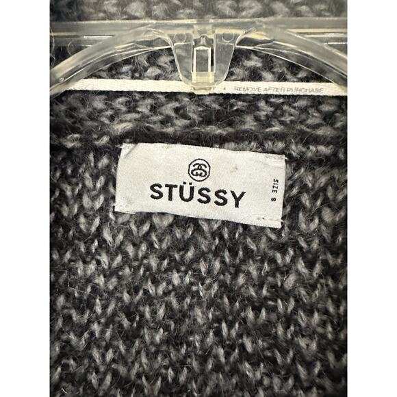 Stussy Wool Blend Cardigan Women's Small Open Wrap Collared Gray Black Ombre - Picture 6 of 9